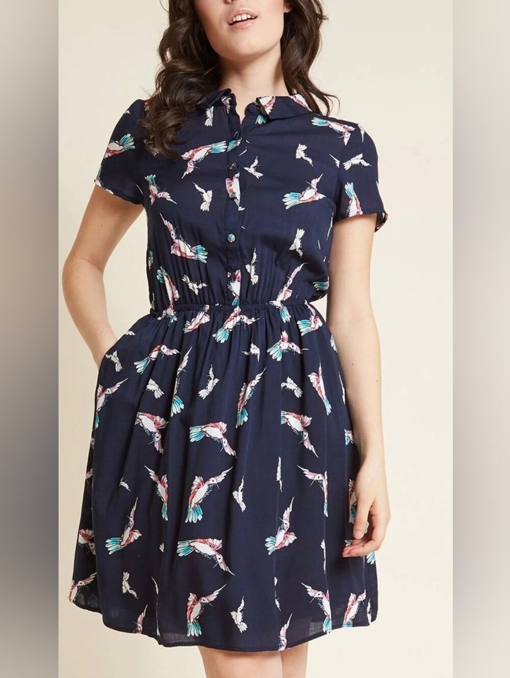 Modcloth deep navy with bird print collared shirt dress